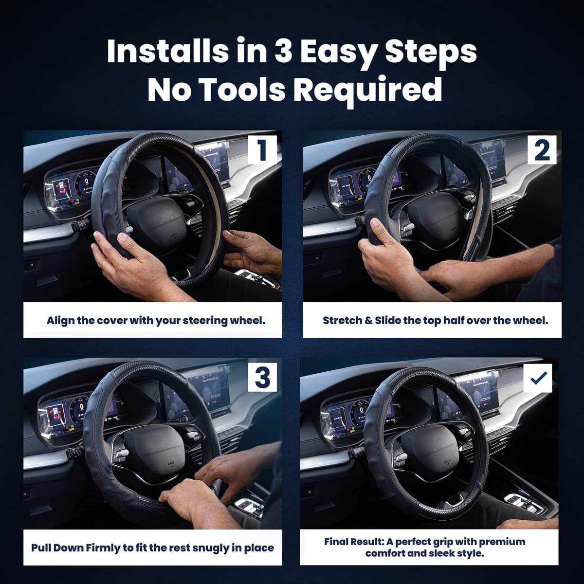 Fitting the 15 inch steering wheel cover in three steps: align, stretch over the top half, pull down to finish